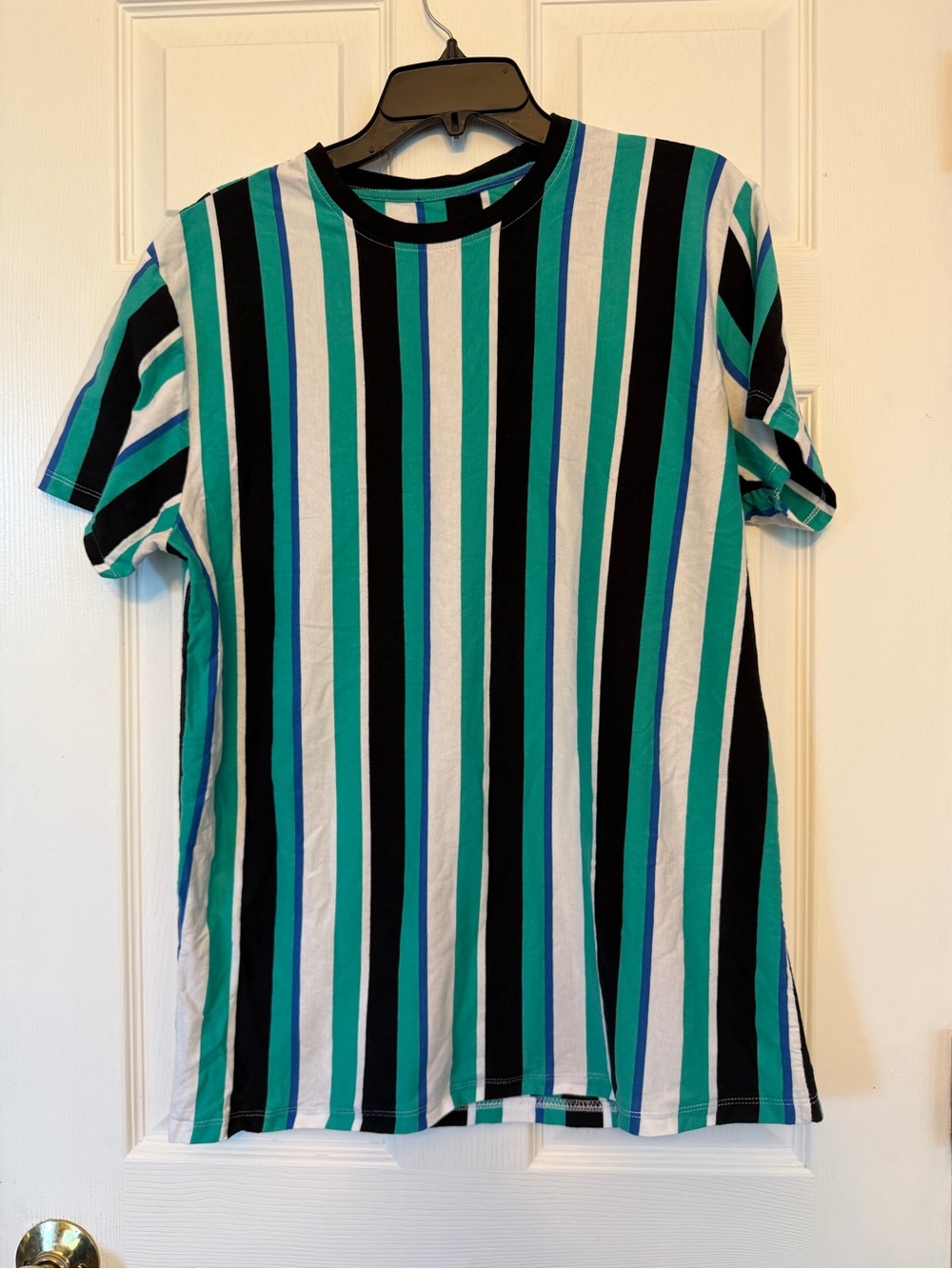 San Francisco Work Shirts Striped Tee in Teal, Black & White. XL